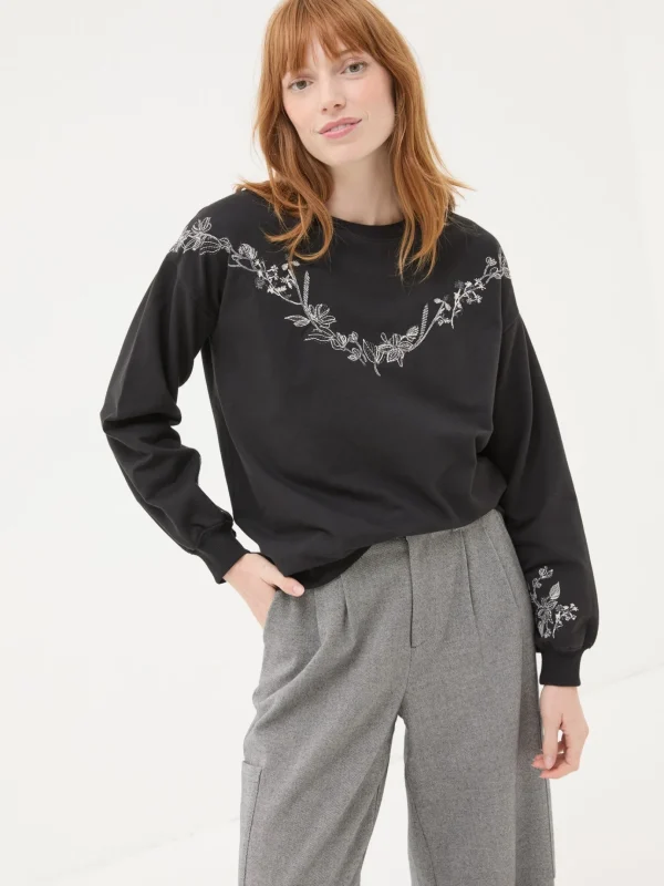 Black Embroidered Crew Sweat Top