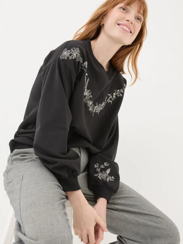 Black Embroidered Crew Sweat Top