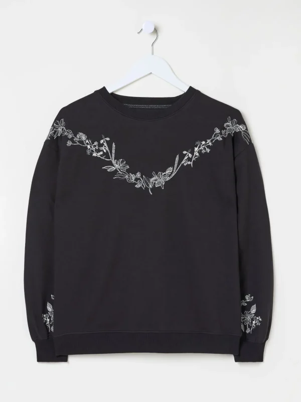 Black Embroidered Crew Sweat Top