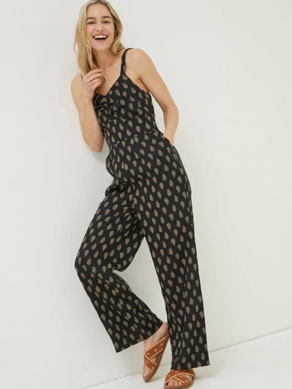 Black Linen Vic Woodblock Jumpsuit