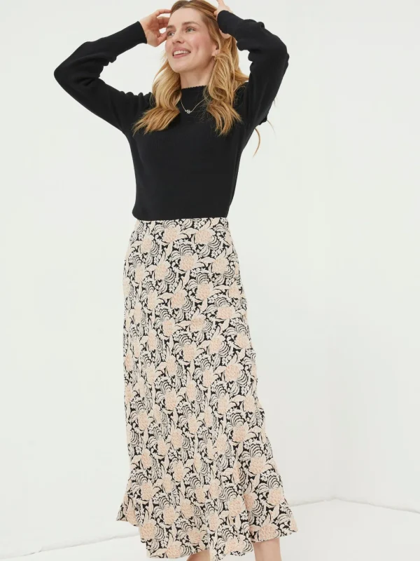 Black Pat Damask Floral Midi Skirt