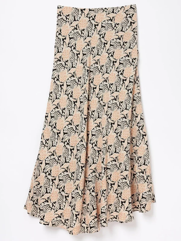 Black Pat Damask Floral Midi Skirt