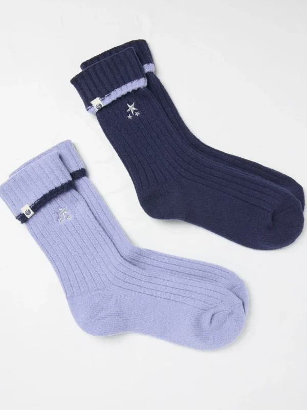 Blue 2 Pairs Of Star Embroidered Cosy Socks