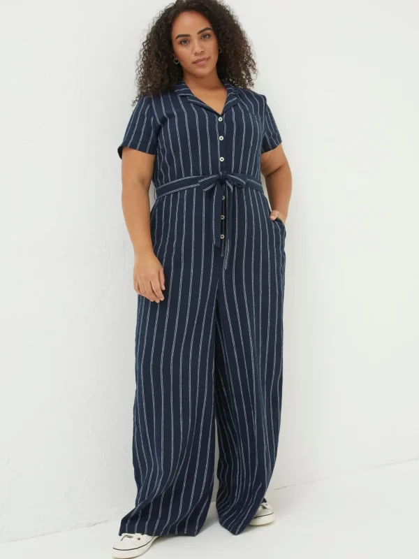 Blue Acre Stripe Linen Blend Jumpsuit