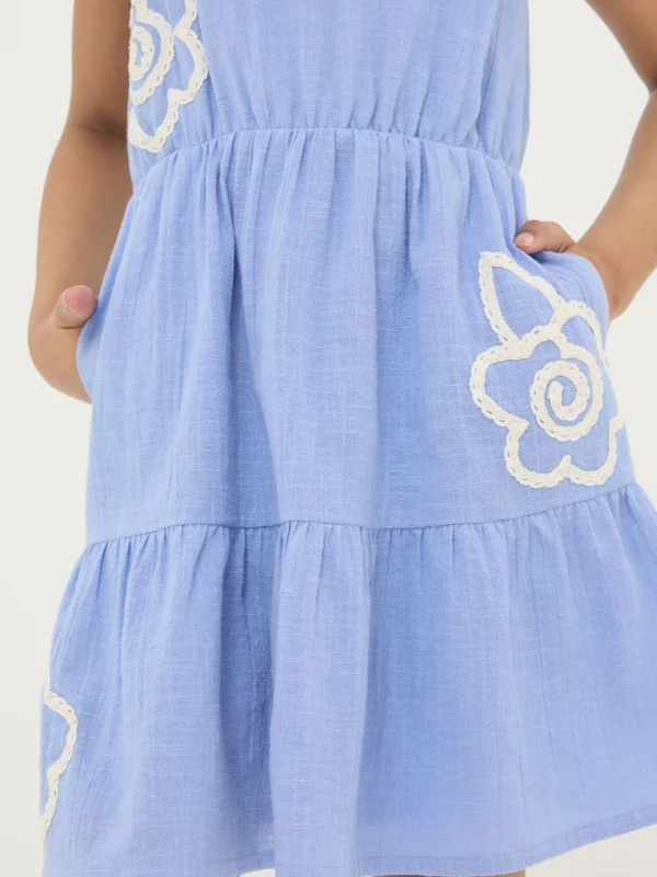 Blue Embroidered Tiered Dress