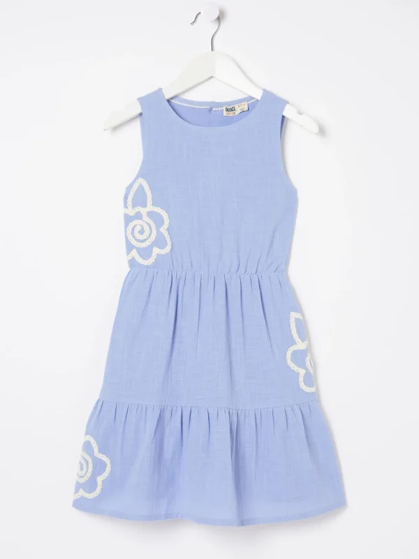 Blue Embroidered Tiered Dress