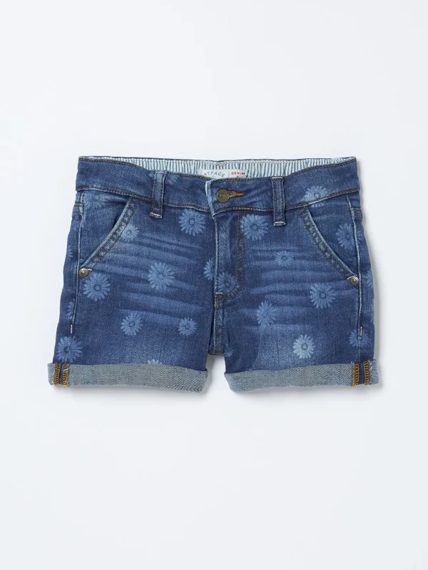 Blue Laser Print Denim Shorts