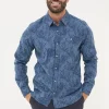 Blue Long Sleeve Leaf Print 100% Cotton Shirt