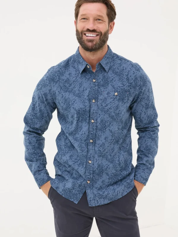 Blue Long Sleeve Leaf Print 100% Cotton Shirt