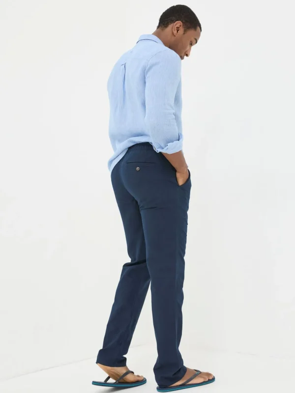 Blue Straight Cotton Linen Trousers