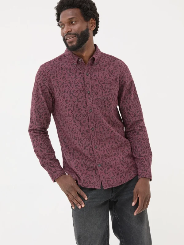 Burgundy Red Long Sleeve Vine Print 100% Cotton Shirt