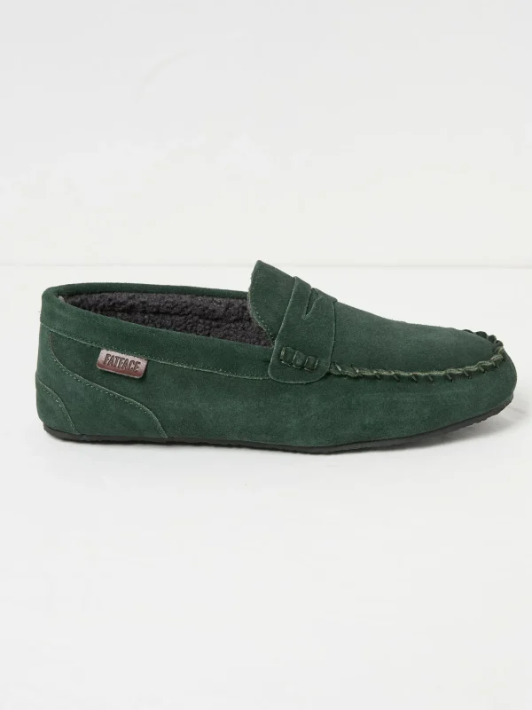 Dark Green Suede Moccasin Slippers