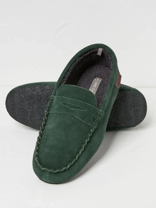 Dark Green Suede Moccasin Slippers