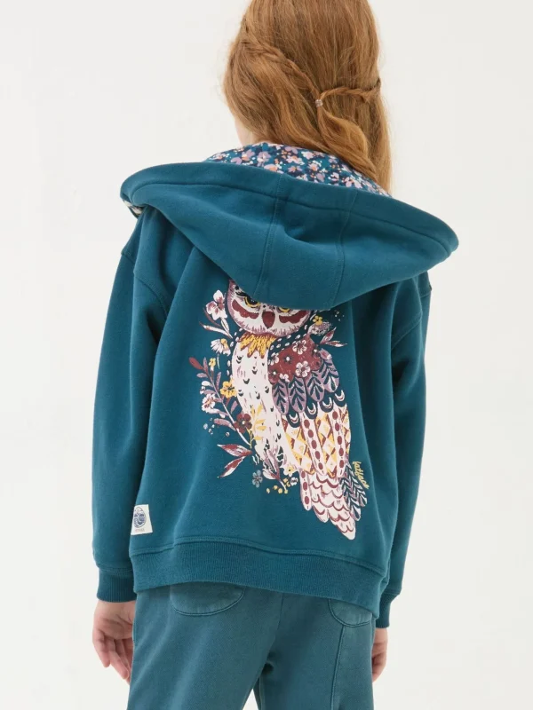 Dark Teal Blue Owl Zip Through Hoodie