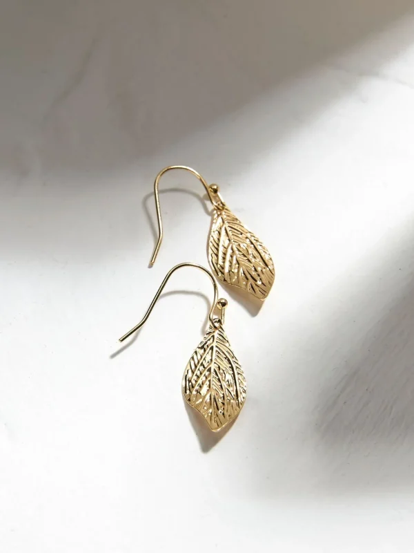 Gold Tone Large Leaf Drop Earrings