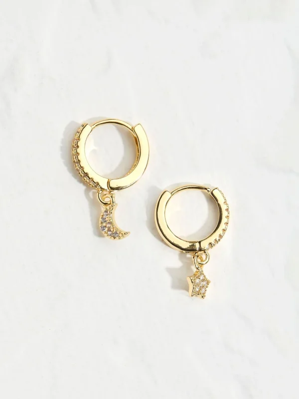 Gold Tone Star Moon Huggies Earrings