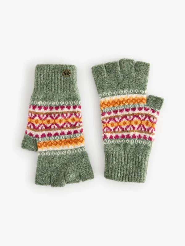 Green Lambswool Fairisle Fingerless Gloves