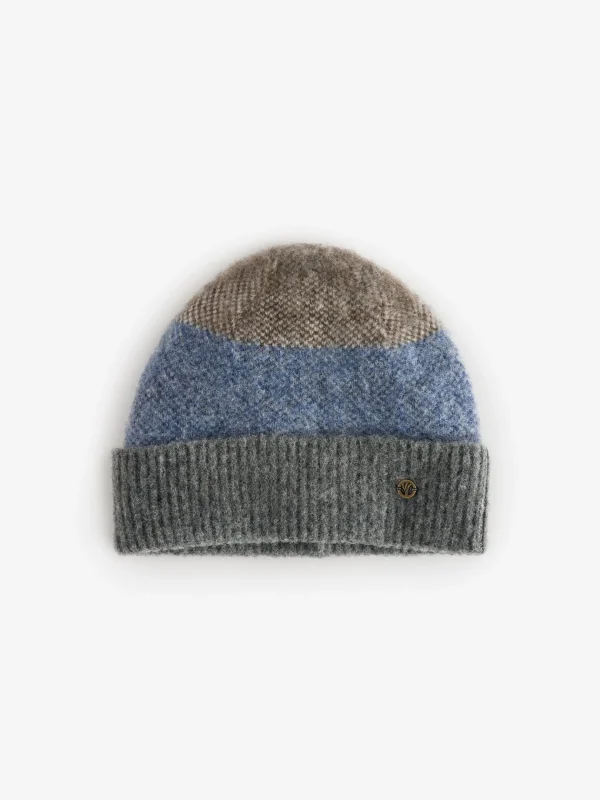 Grey Lambswool Colourblock Beanie Hat