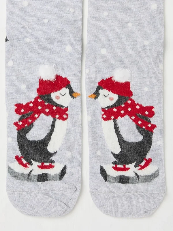 Grey Womens Fluffy Kissing Penguin Socks 1 Pack