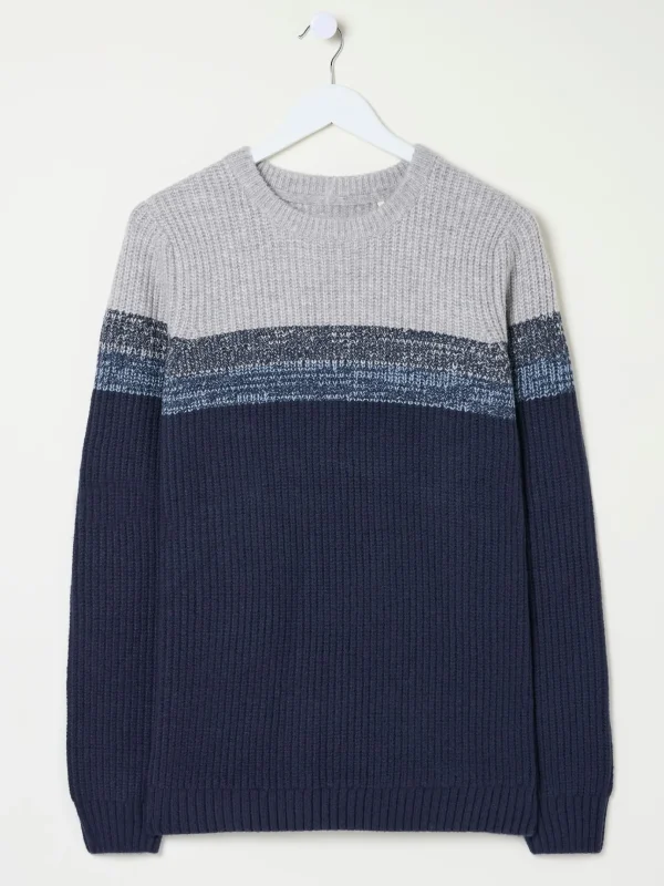 Hinton Navy Chest Stripe Crew Neck Jumper