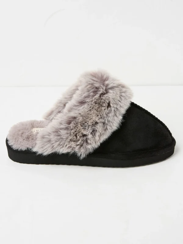 Kaia Black Faux Fur Cuff Mules