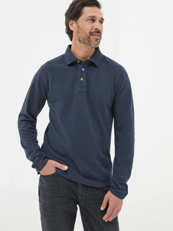 Navy Blue Long Sleeve Organic Pique Polo Shirt