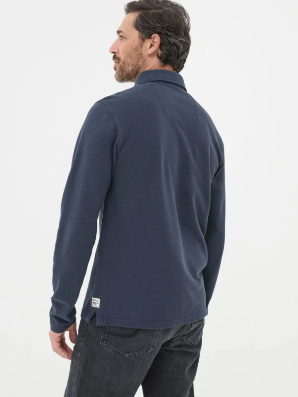 Navy Blue Long Sleeve Organic Pique Polo Shirt