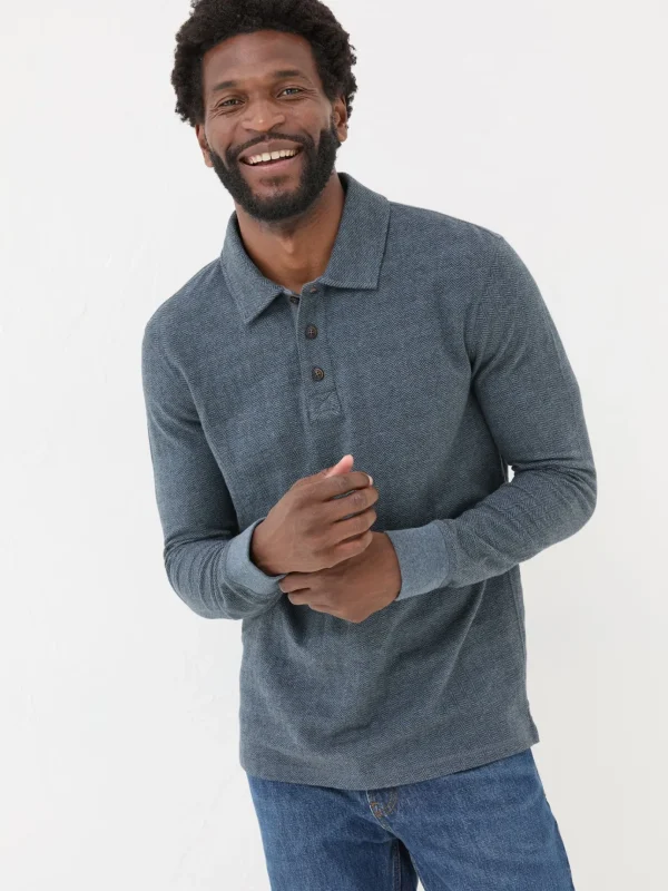 Navy Herringbone Long Sleeve Polo Shirt