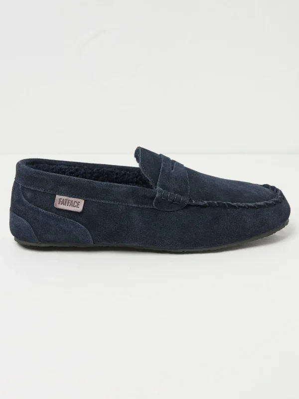 Navy Suede Moccasin Slippers