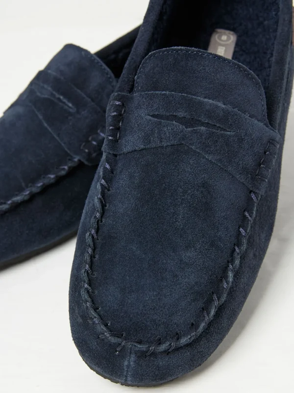 Navy Suede Moccasin Slippers