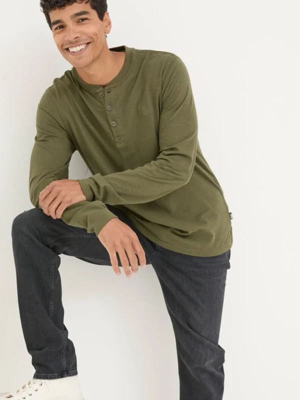 Woodside Khaki Green Long Sleeve Henley T Shirt